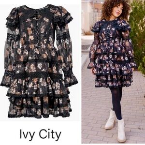 Ivy City Co Black Floral Long Sleeve Dress